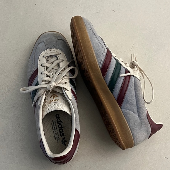 adidas Shoes - Adidas Light Gray Suede Sneakers with Burgundy and Green Stripes